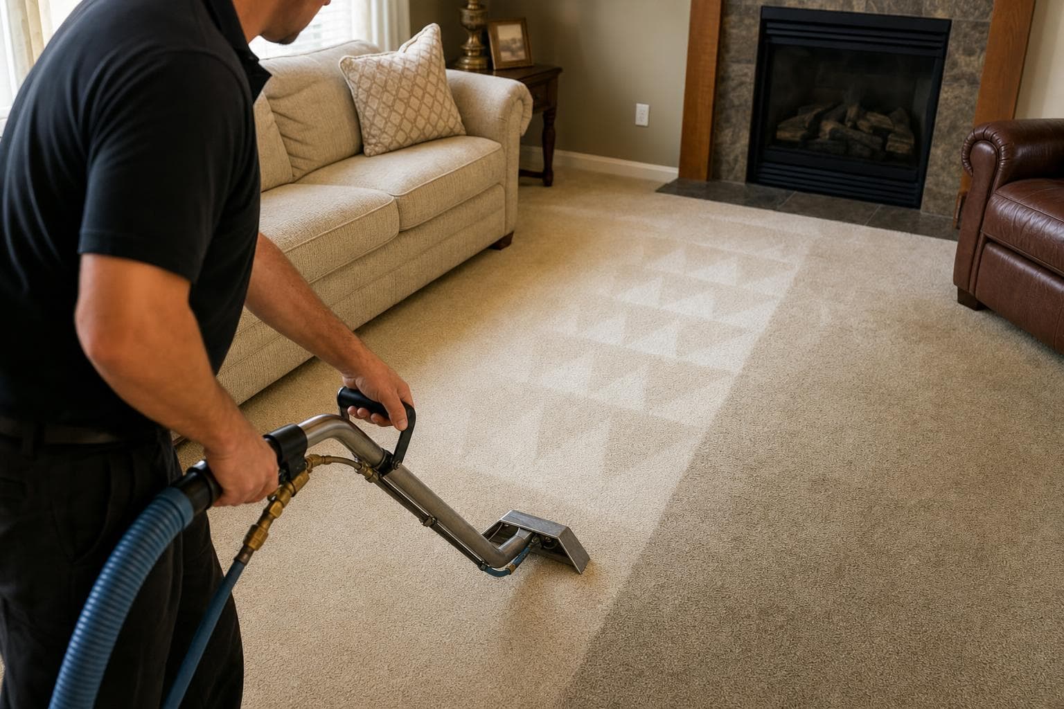 Technician cleaning a Grass Valley living room carpet with a wand, leaving a clean track behind