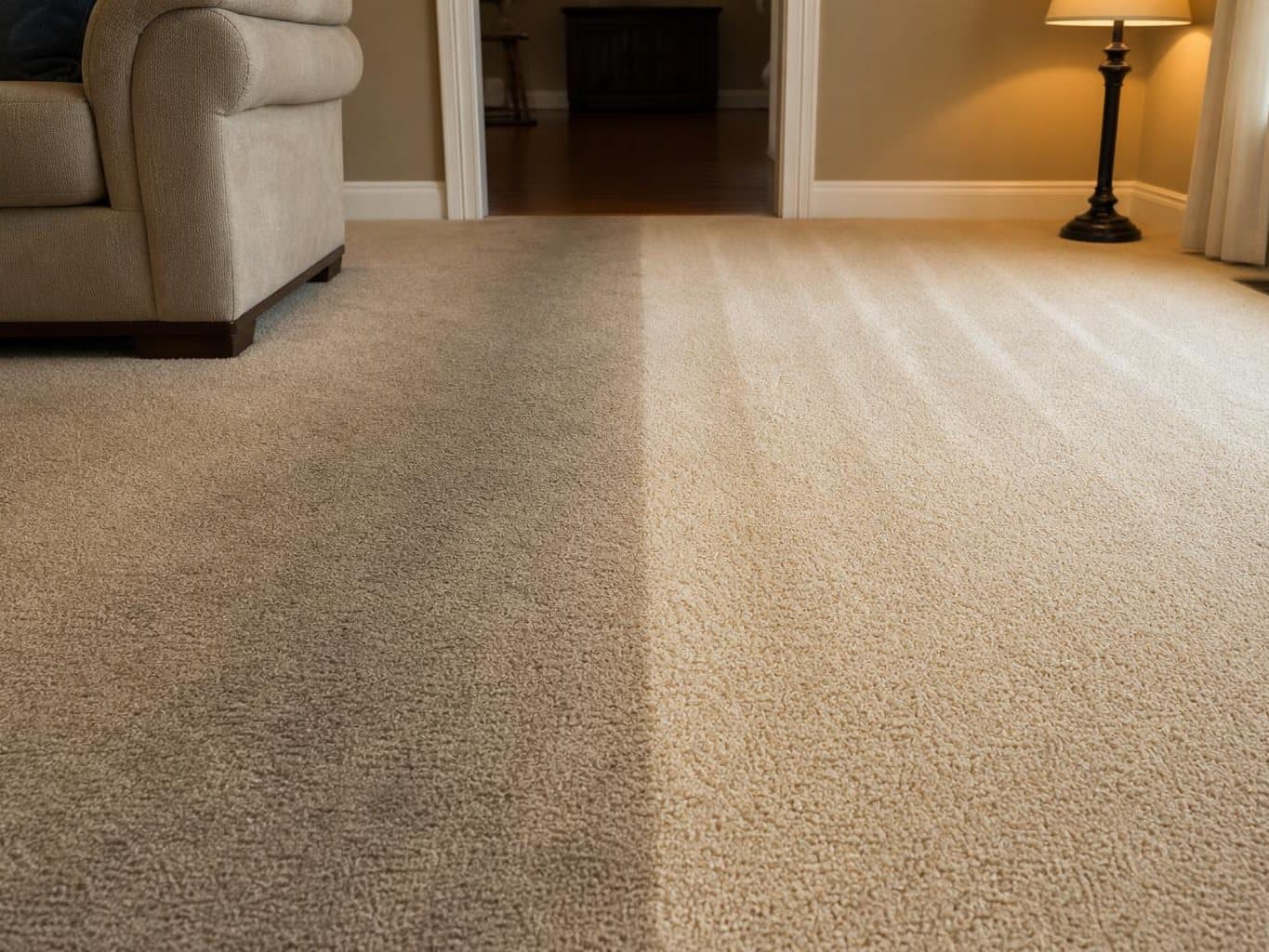 Family room carpet split down the middle, a dark traffic lane on one side and clean plush carpet on the other