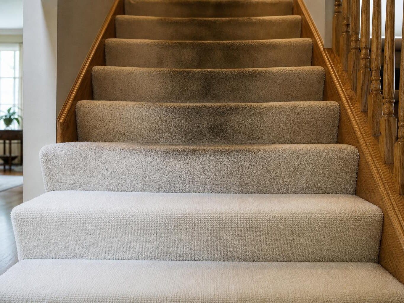 Staircase with an oak banister, the bottom treads freshly cleaned and the upper ones worn down the middle