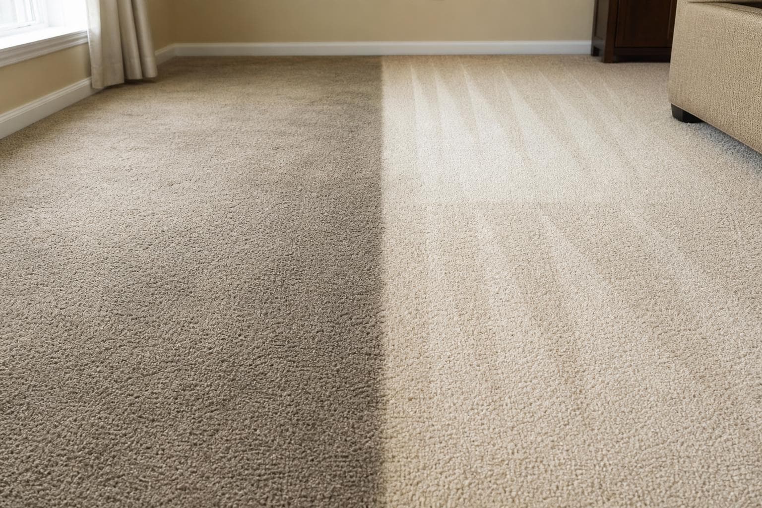 Carpet part way through a cleaning, soiled on one side and bright on the other