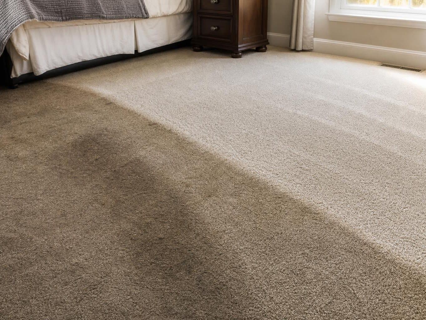 Bedroom carpet split diagonally, soiled and grey on one side, freshly cleaned and bright on the other