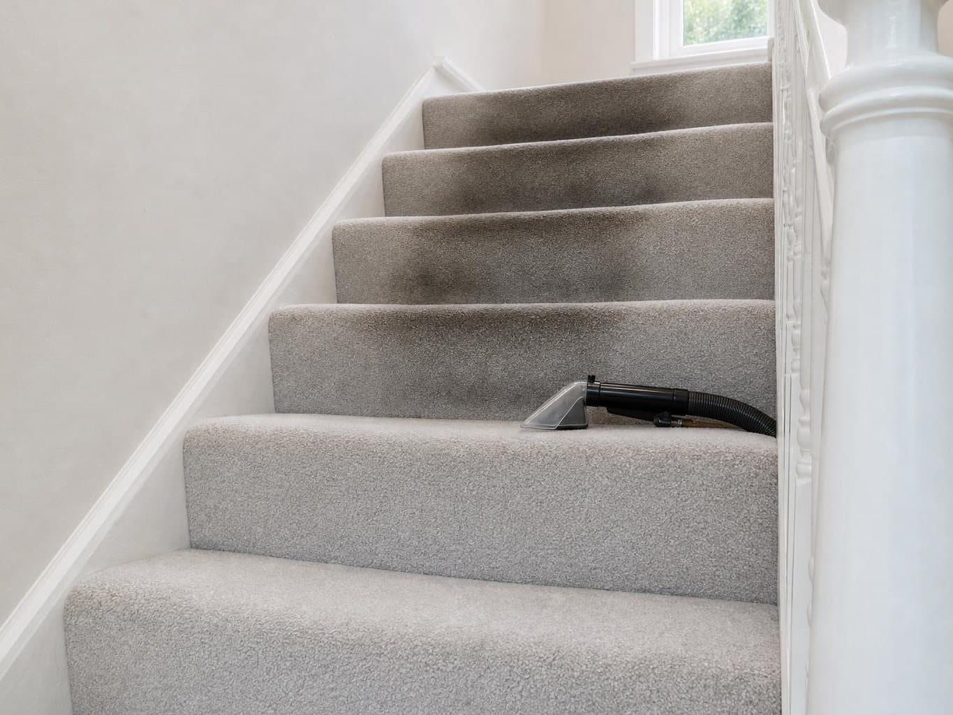Staircase with a white banister, the lower treads cleaned and the upper treads still worn down the centre