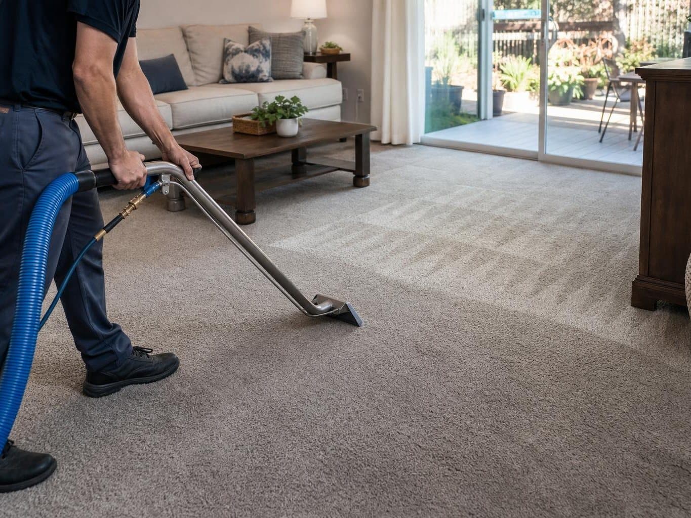 Technician steam cleaning the carpet in an open-plan Auburn family room, wand marks visible behind the wand