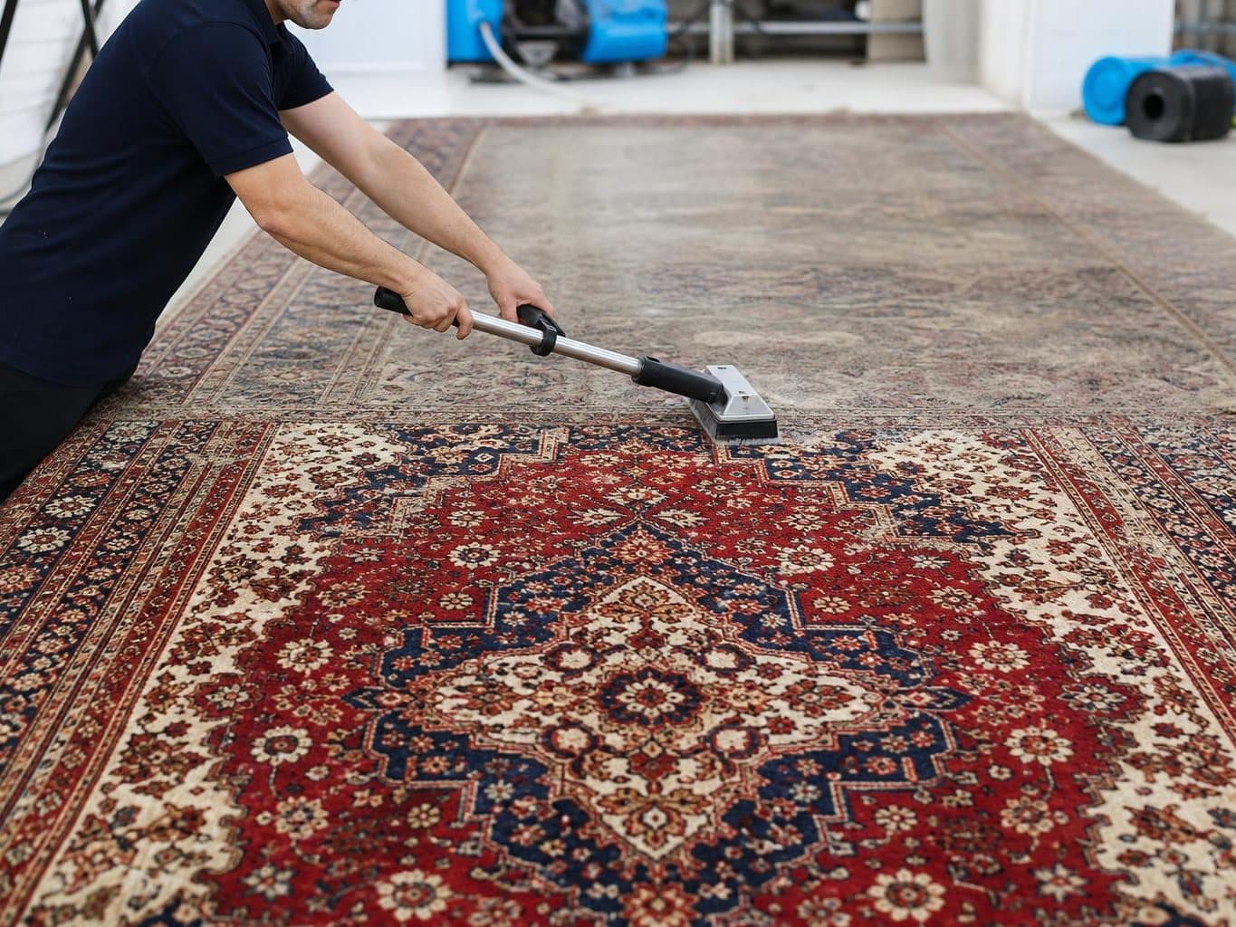 Hand-knotted Persian rug being cleaned, the near section deep in colour and the far section still dull