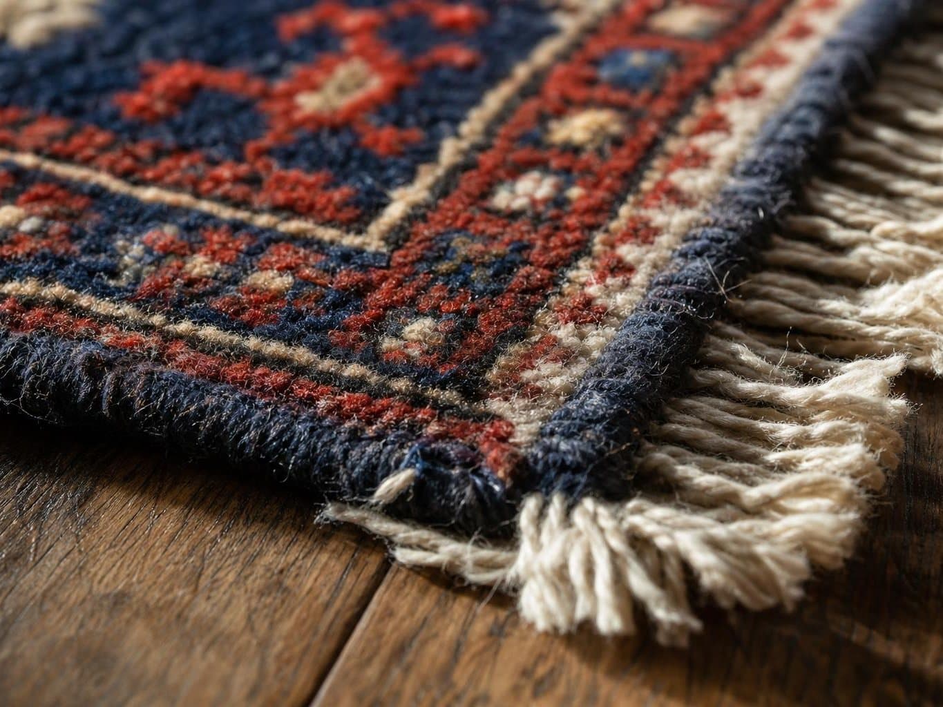 Corner of an antique hand-knotted rug showing the knotted pile, indigo border and cotton fringe