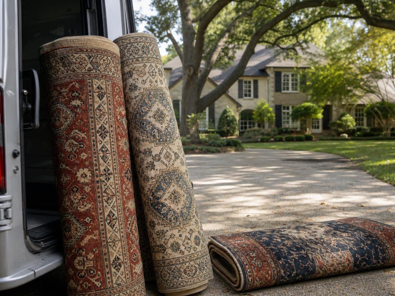Rolled wool rugs standing beside an open van door on a driveway, ready to be collected