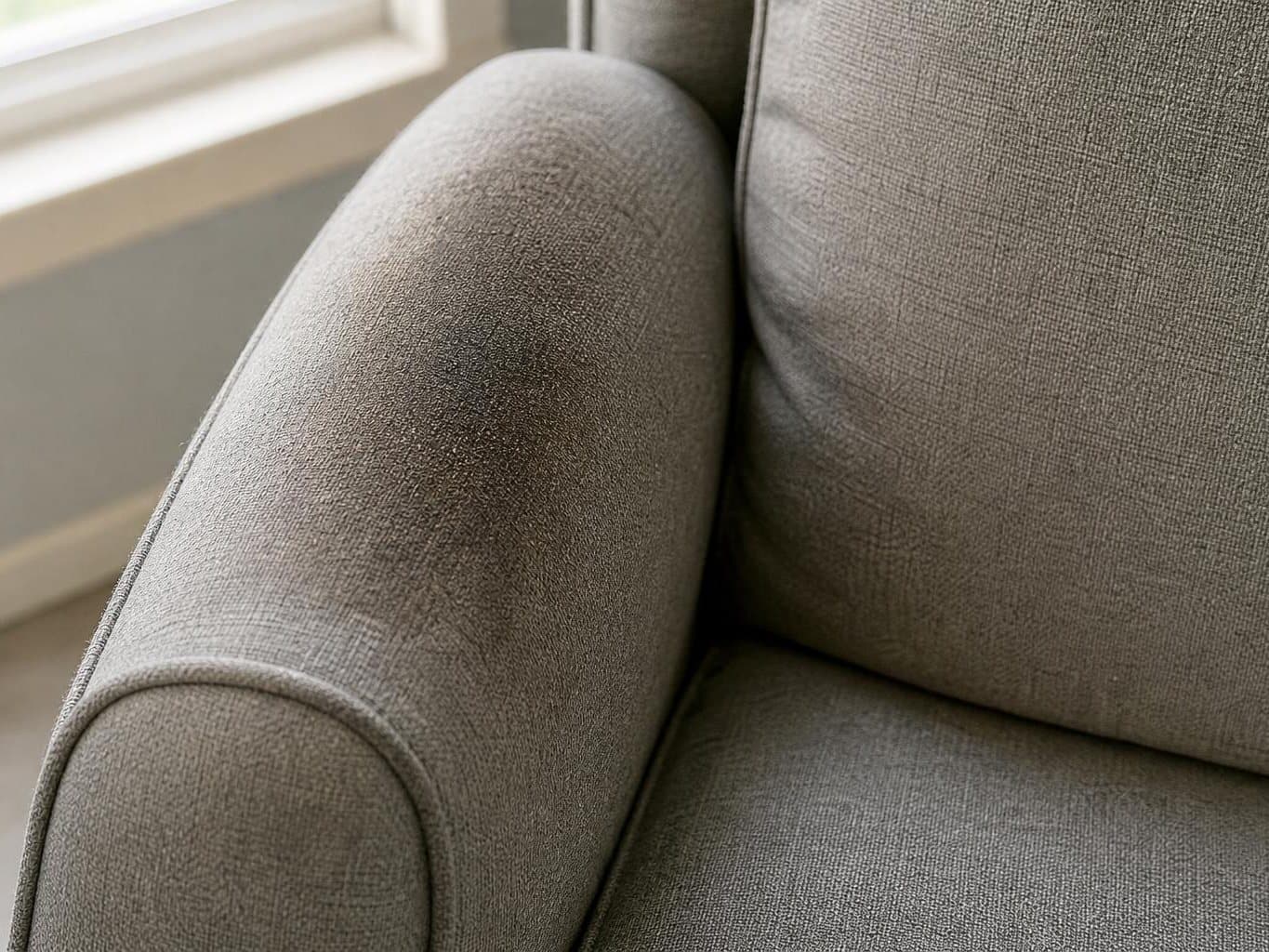 Armrest of a grey armchair with a darkened, shiny body-oil patch against the clean fabric around it
