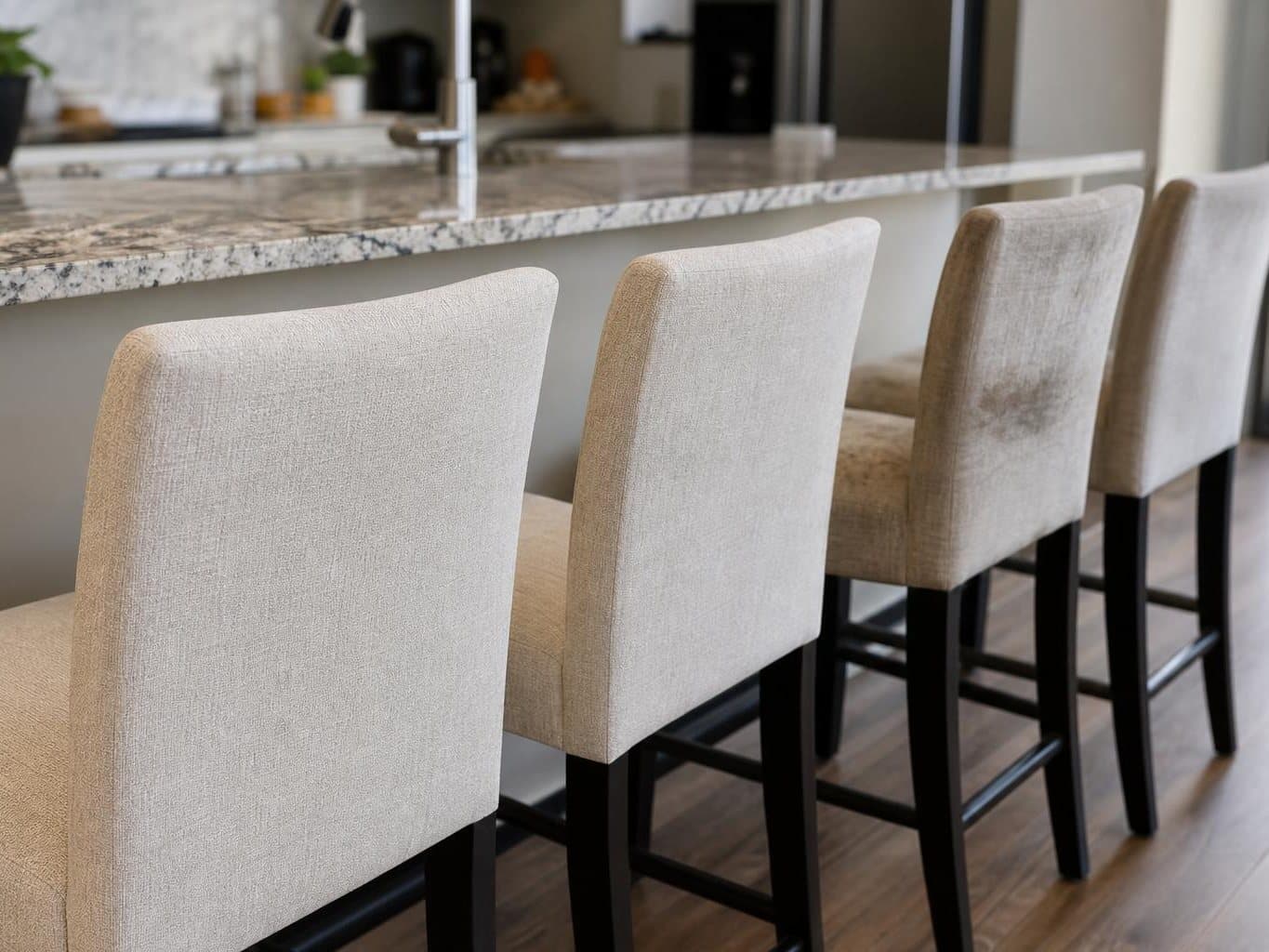 Four upholstered bar stools at a kitchen island, the two nearest with freshly cleaned seat pads