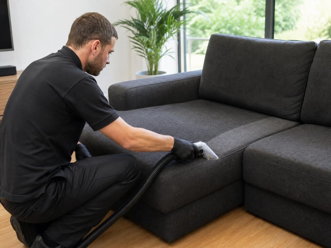 Technician cleaning a charcoal fabric sectional with a handheld upholstery tool, a cleaner track behind it