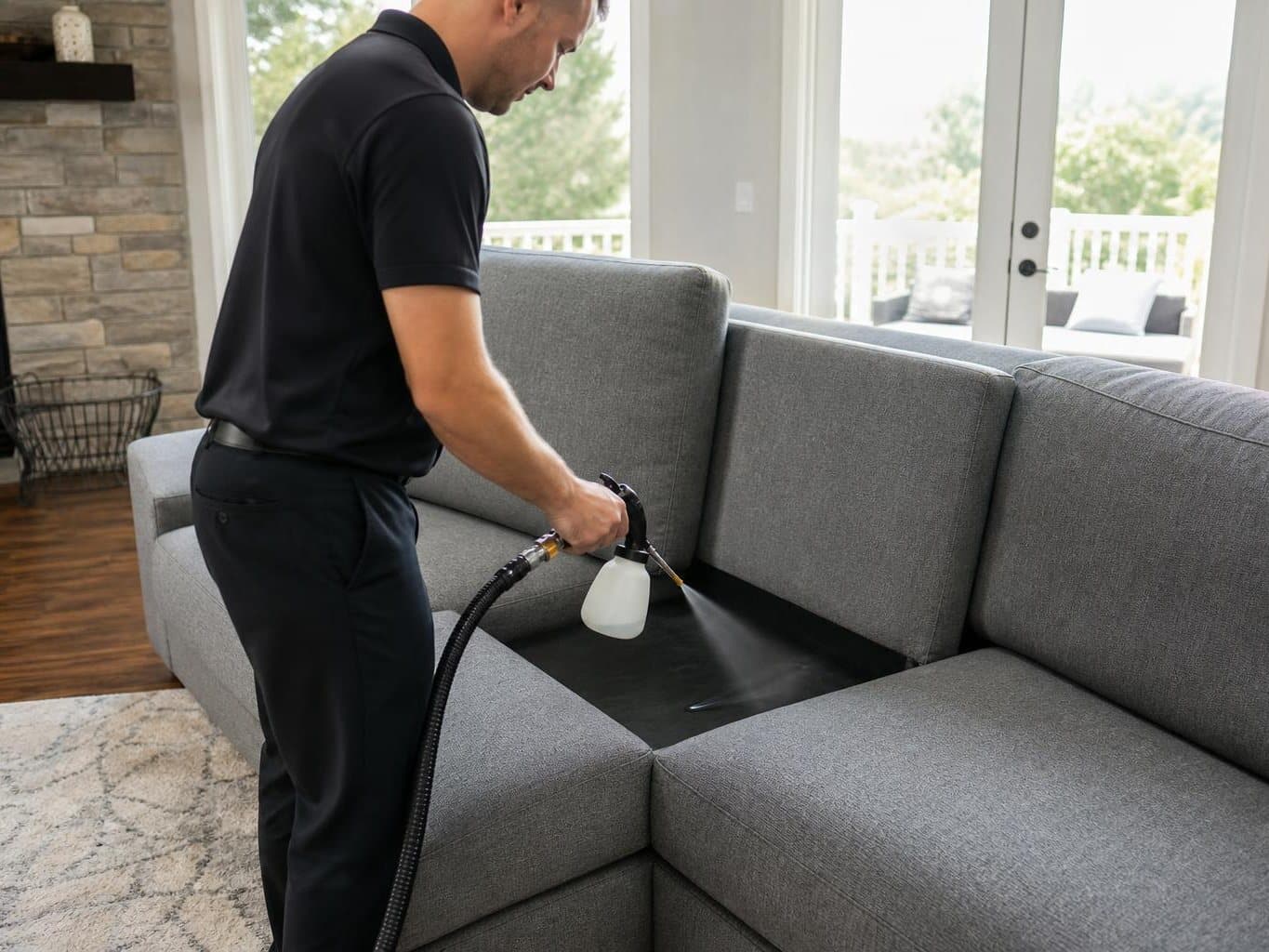 Technician treating the exposed deck of a grey sofa for pet odor with a cushion set aside