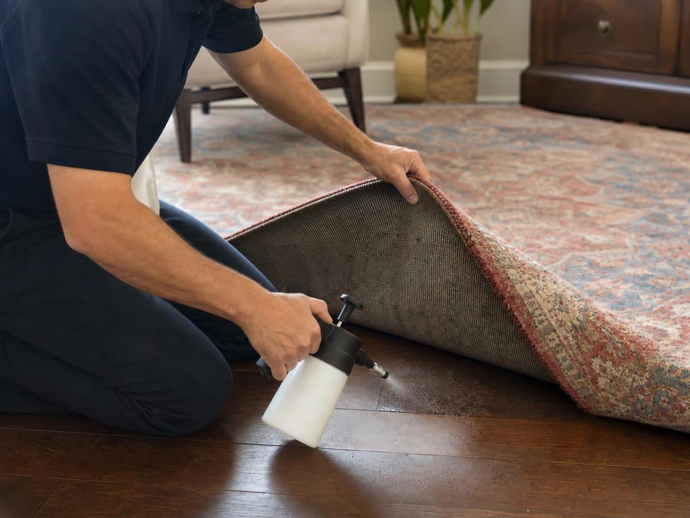 Technician lifting back the corner of a wool rug to treat the backing and floor beneath for pet odor