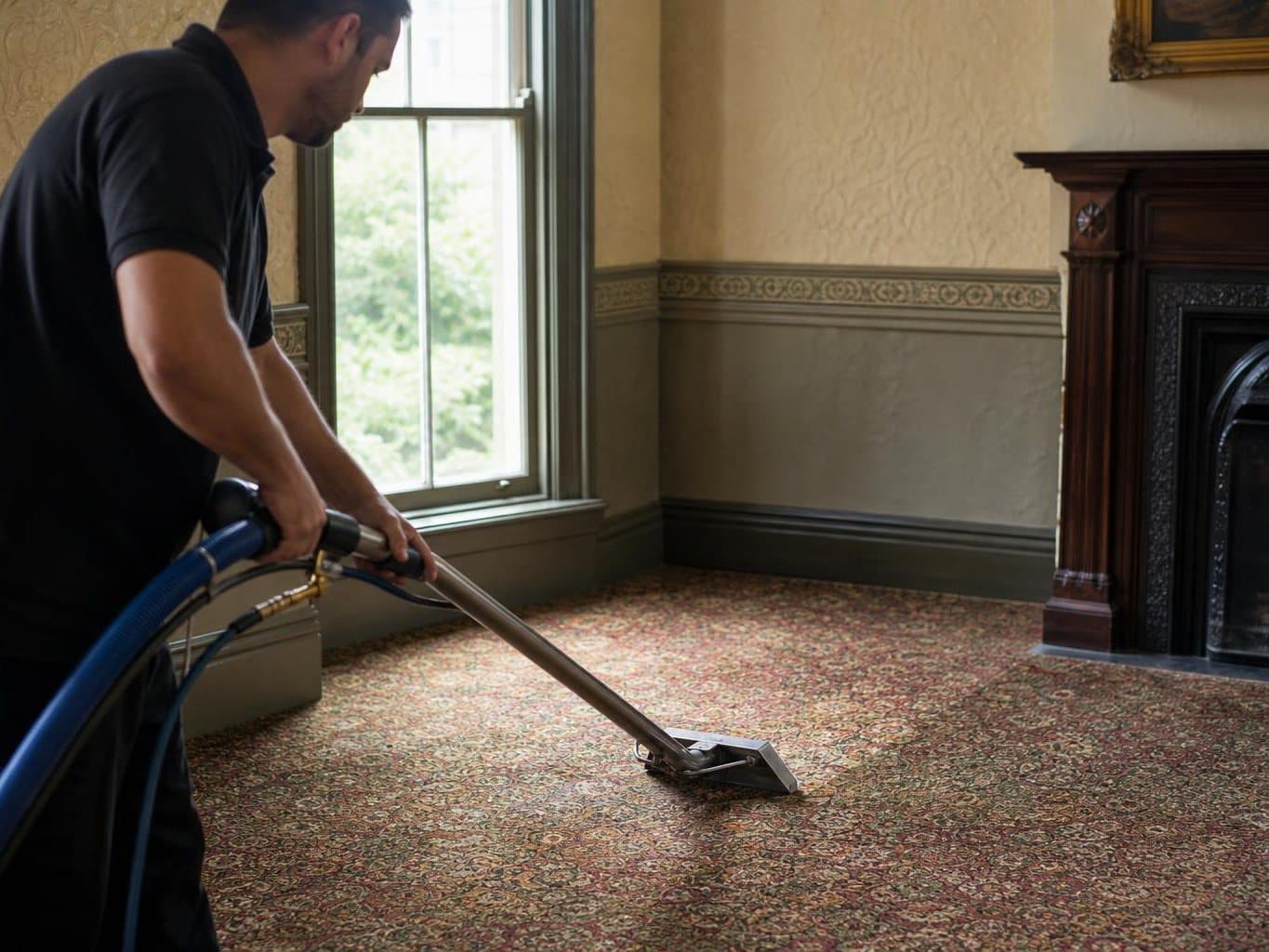 Technician cleaning patterned wool carpet in a Victorian parlour, the colours brighter behind the wand