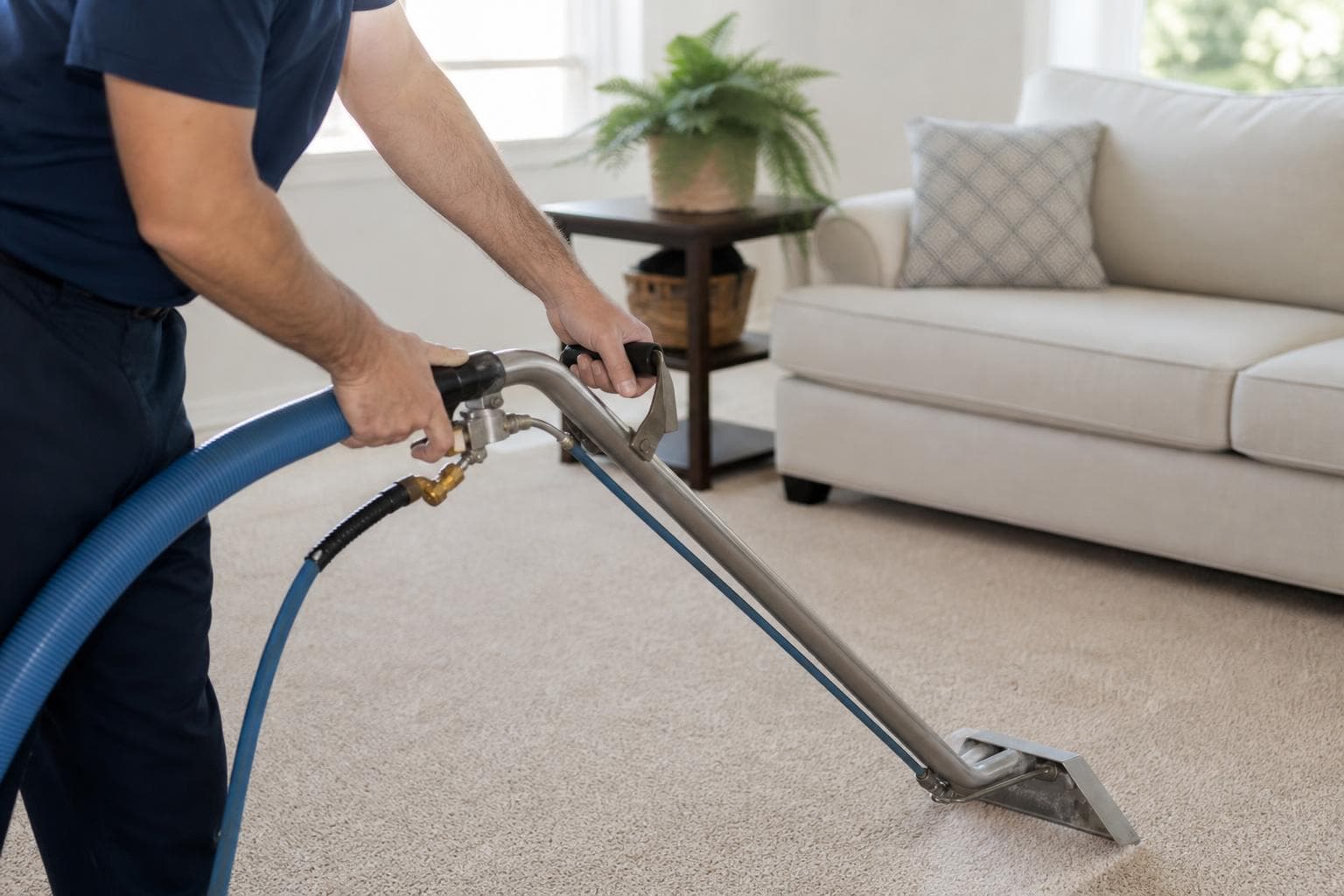 Technician steam cleaning a light carpet with a truck-mounted wand