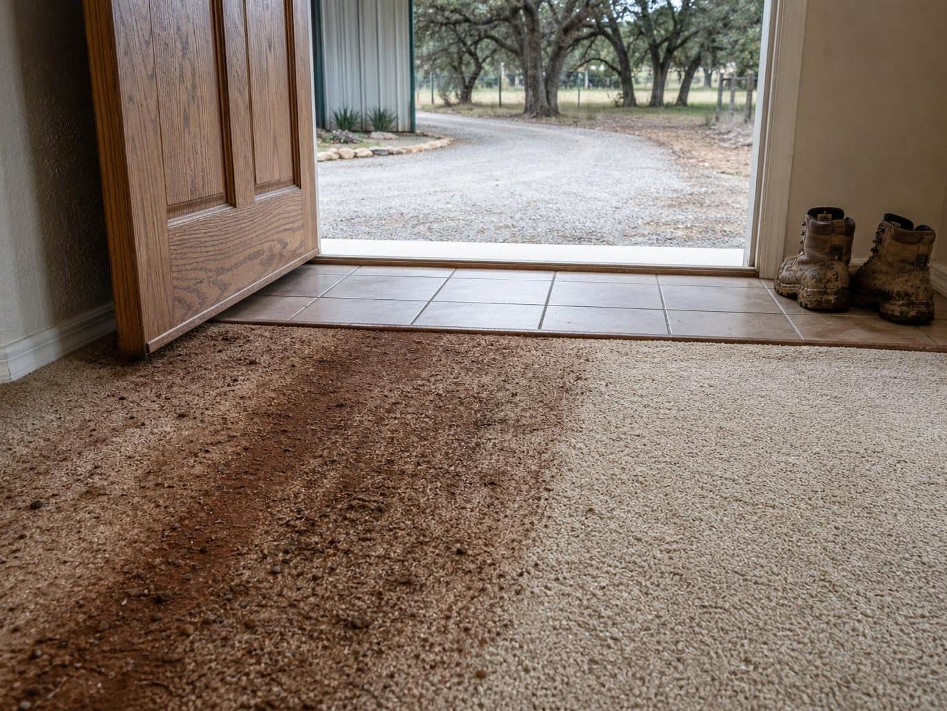 Rural entryway where carpet meets tile, heavily soiled with grit on one side and cleaned on the other
