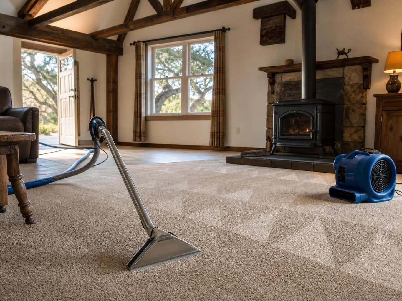 Cleaning wand resting on freshly cleaned carpet with wand marks, hose running out to the van