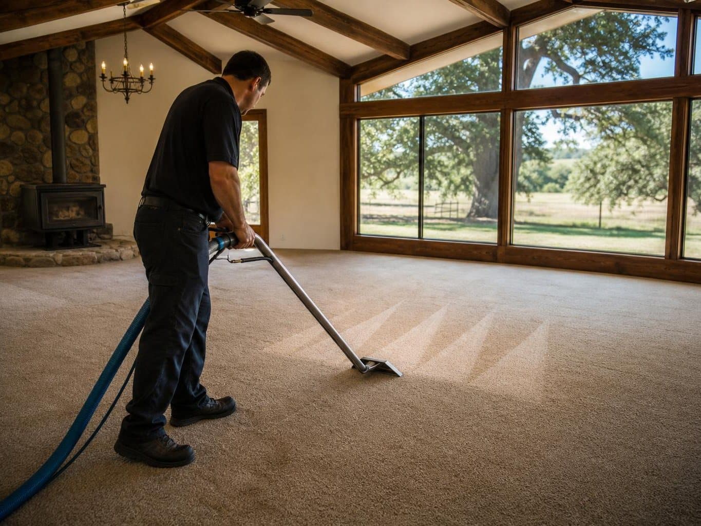 Technician cleaning carpet in a ranch-style living room with exposed beams and a wood stove