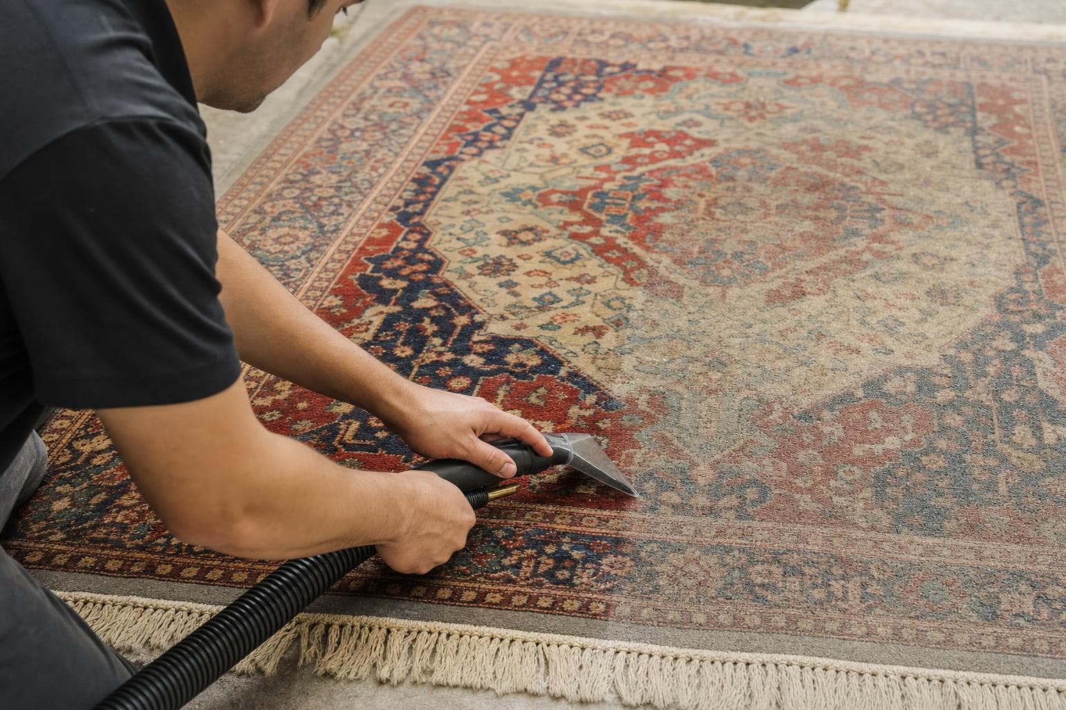 Technician cleaning a patterned wool rug, the cleaned half noticeably richer in colour than the dusty half