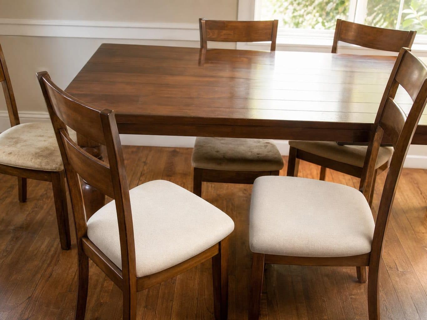 Upholstered dining chairs part way through cleaning, some seat pads brighter than the rest