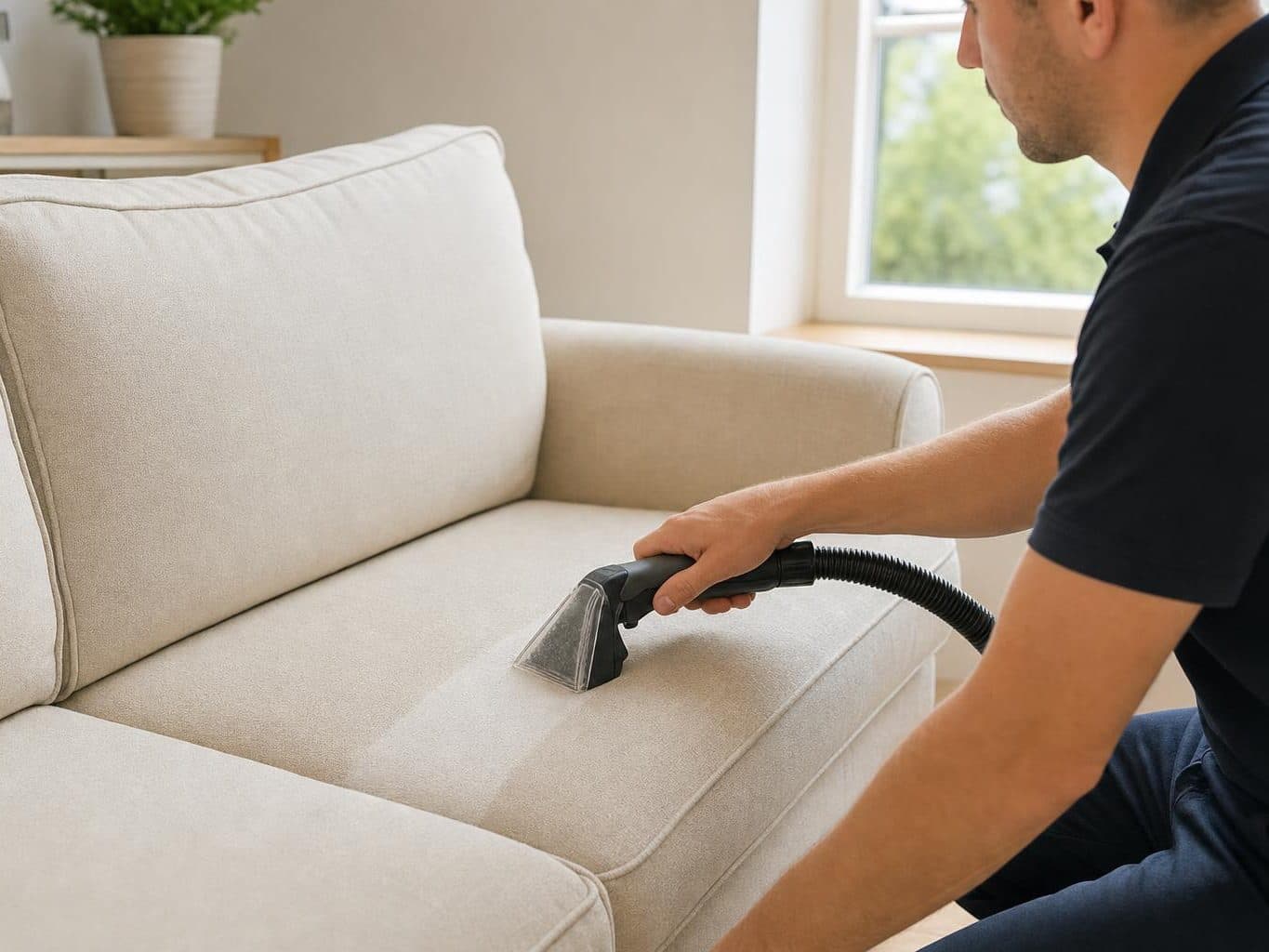 Technician cleaning a cream fabric sofa cushion with a handheld upholstery tool