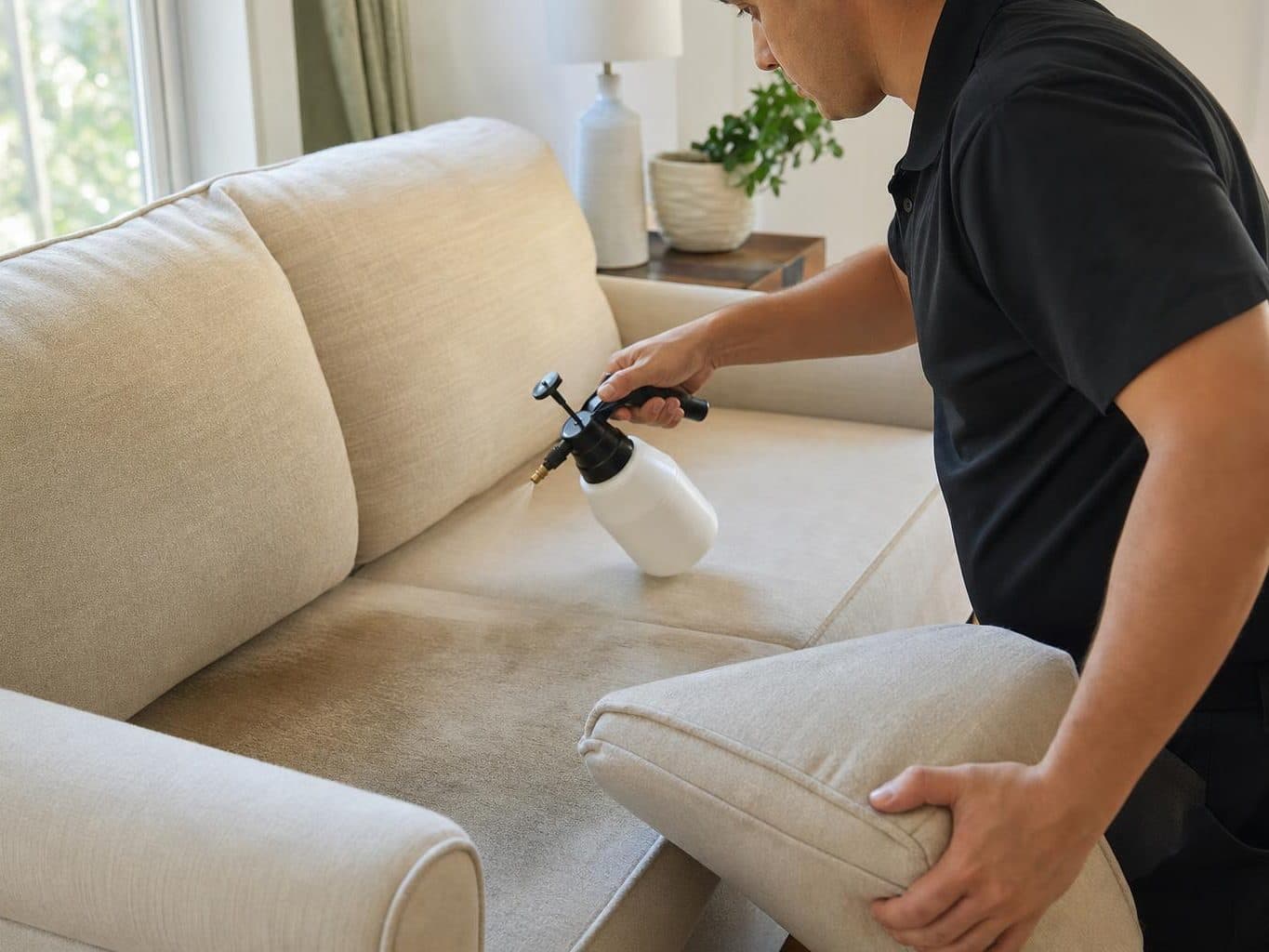Technician lifting a sofa cushion to treat the deck underneath for pet odor